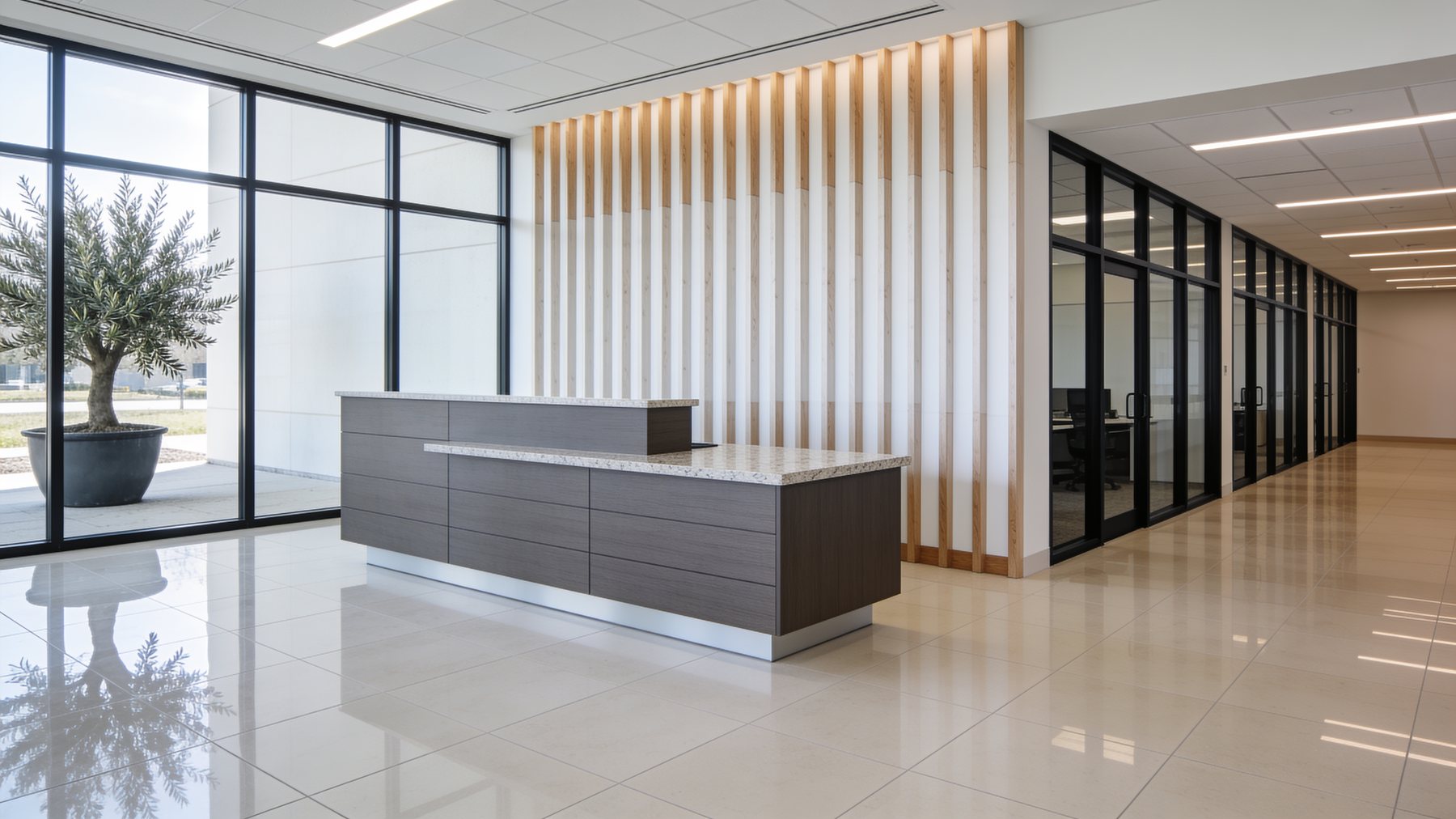 Immaculately maintained modern commercial office suite lobby in suburban Atlanta