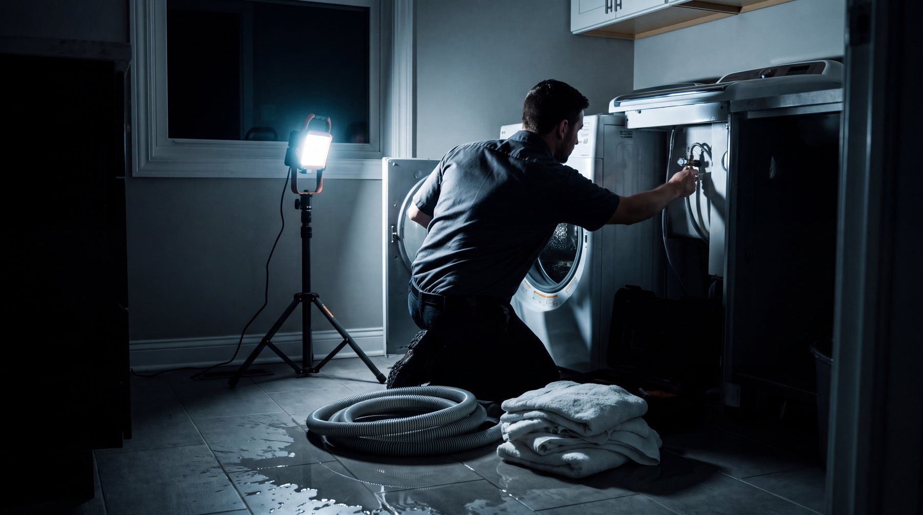 After-hours emergency response: technician shutting off a water valve behind a washing machine under work light