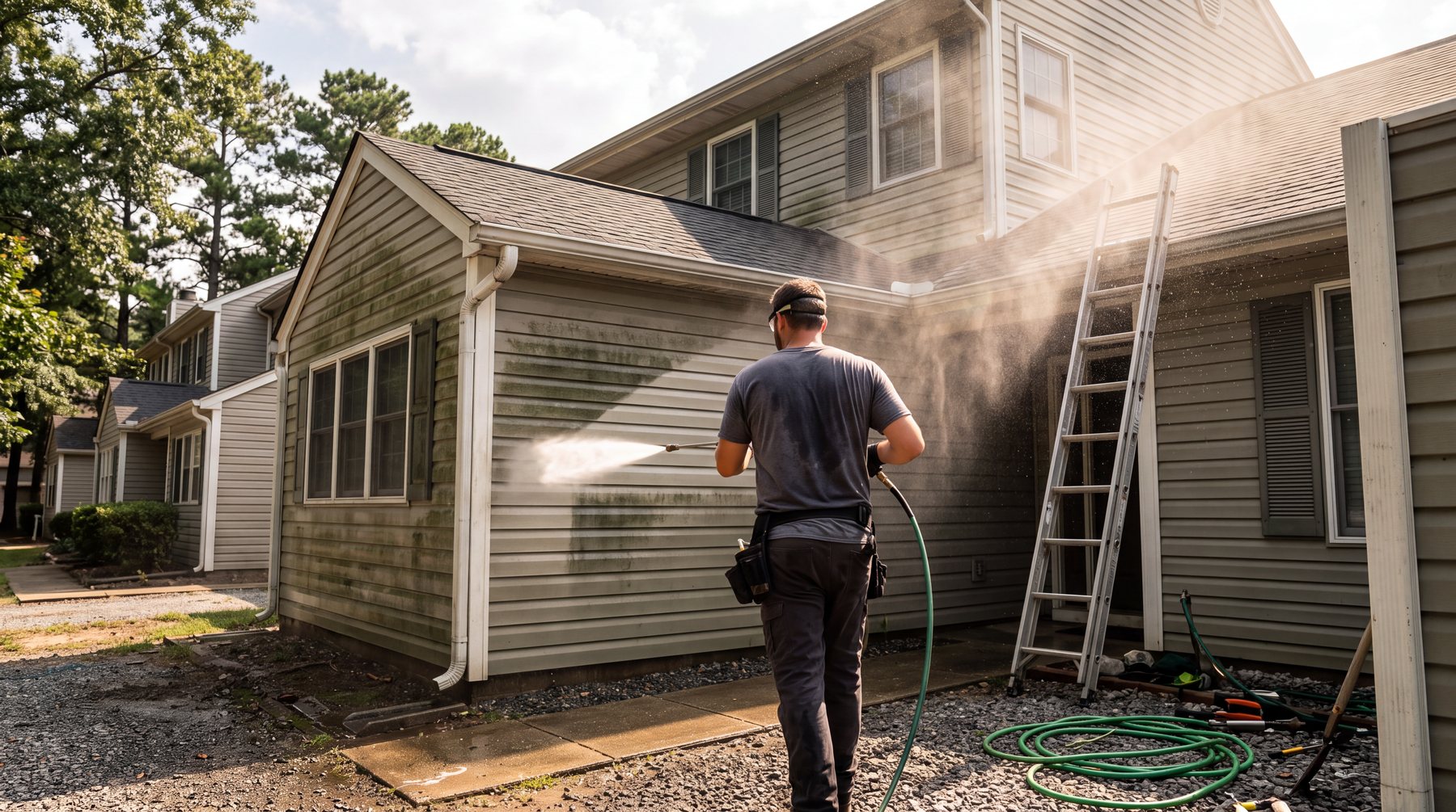 Exterior maintenance in progress: pressure washing algae-stained siding on a row of townhomes