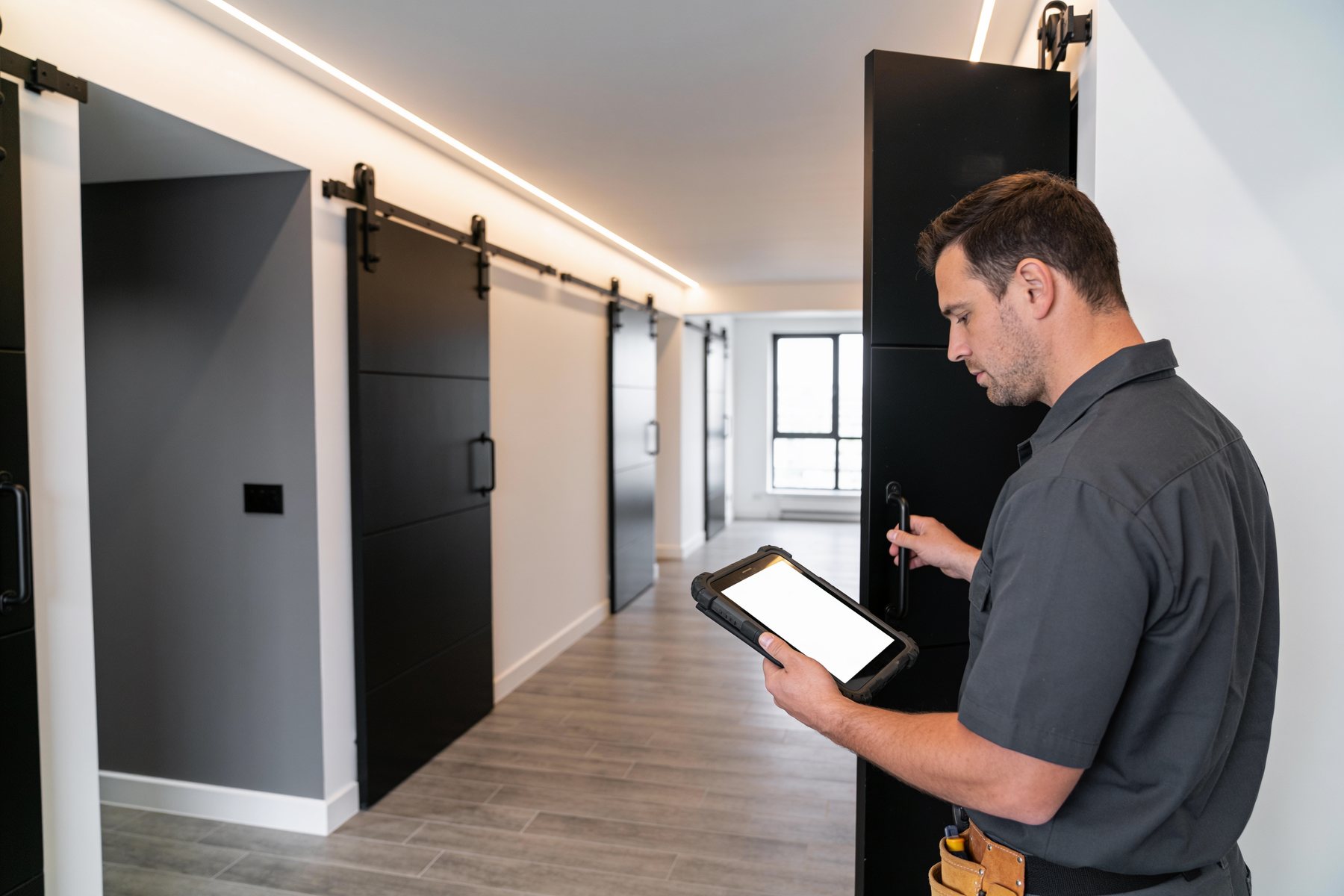 Elevare maintenance technician reviewing a work order on a tablet at an apartment unit door