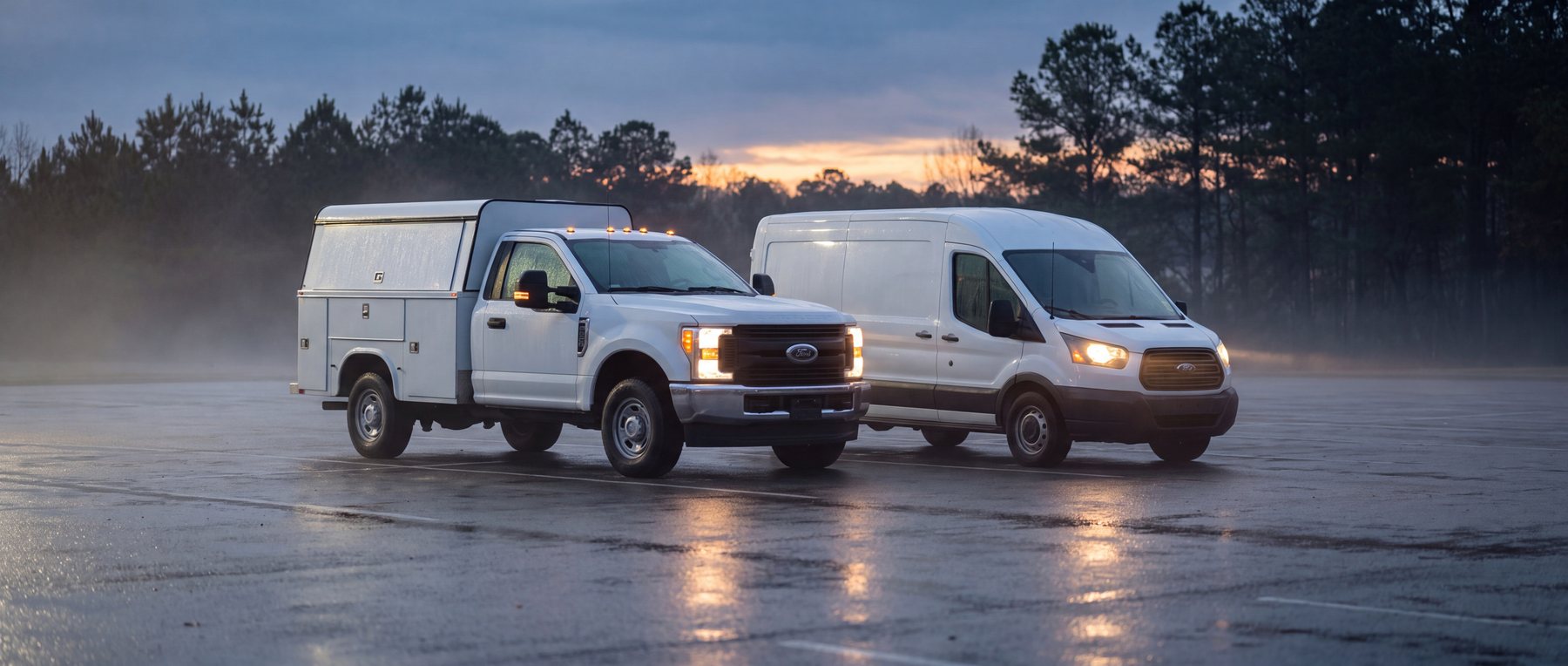 Elevare work truck and cargo van staged in an empty lot at dawn with fog over a Georgia pine treeline