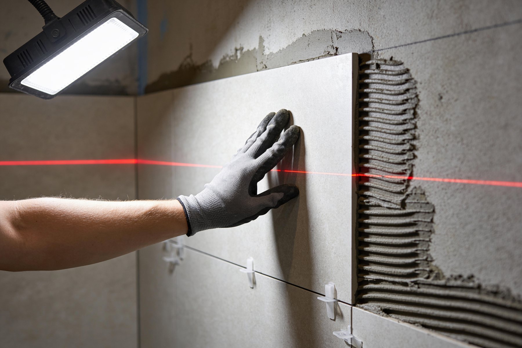 Close-up of a tile being set into notched thinset with leveling clips and a laser line