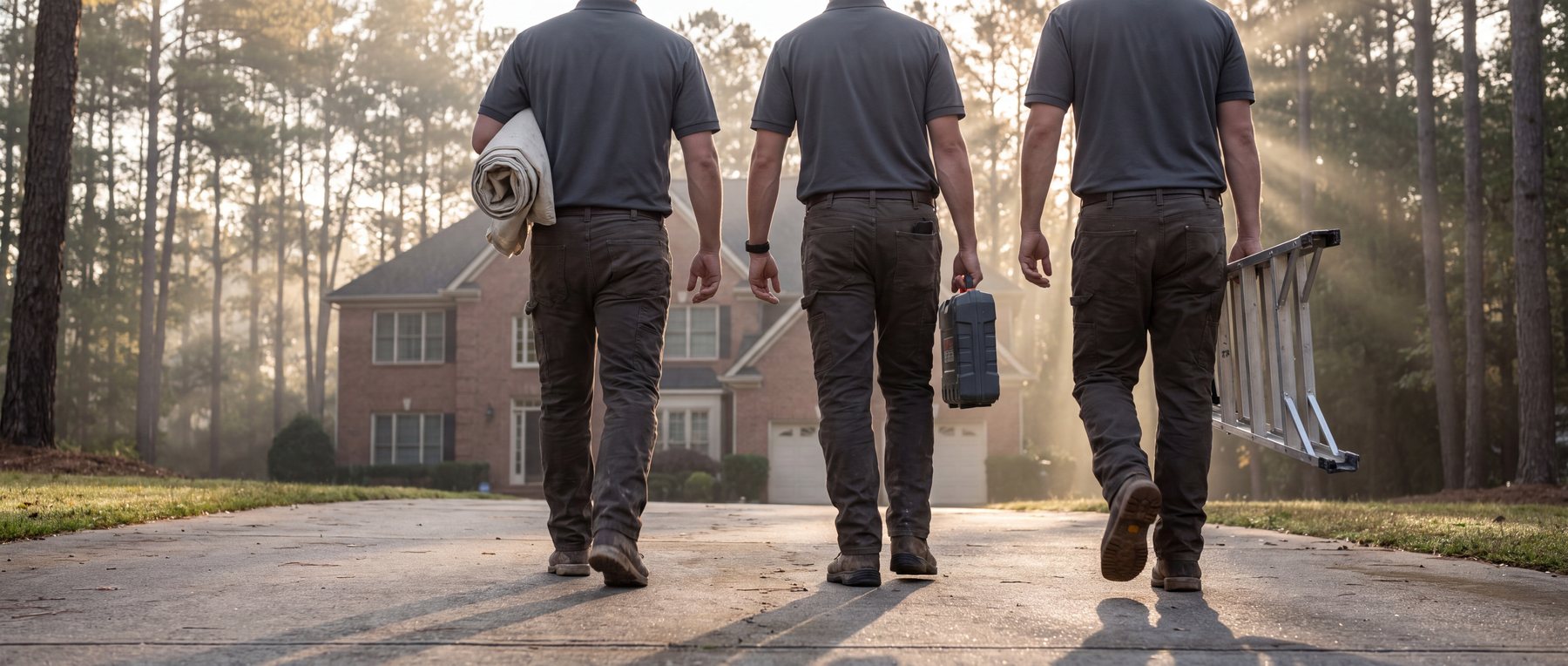 An Elevare crew walking up the driveway of a Metro Atlanta home at sunrise, carrying a drop cloth, tool case and ladder
