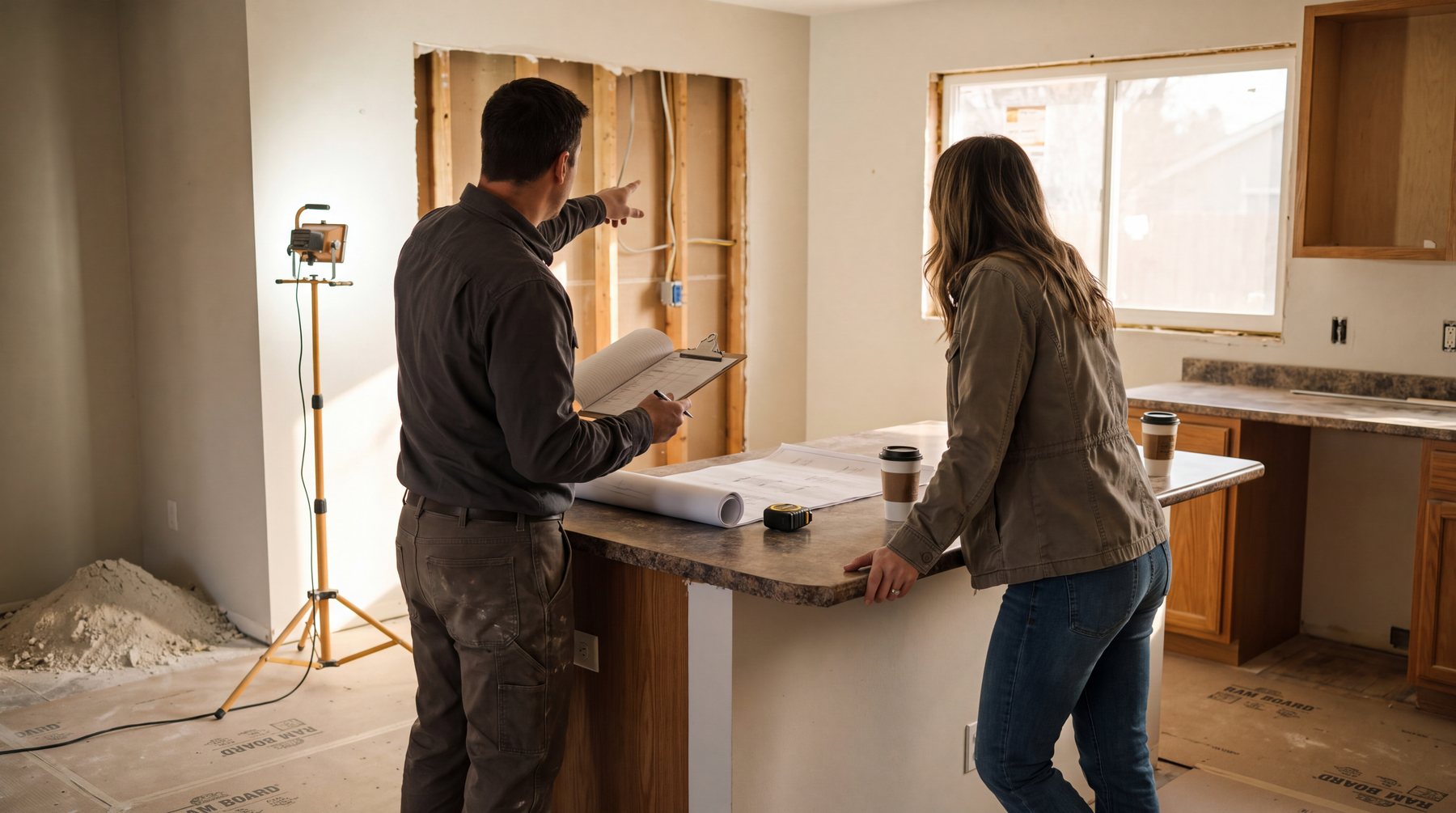 On-site walkthrough: an Elevare team member with a clipboard reviewing an unfinished wall opening with a client