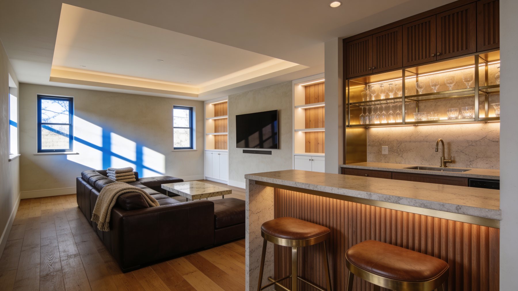 Newly finished basement with a walnut and brass wet bar, oak built-ins and a warm media lounge