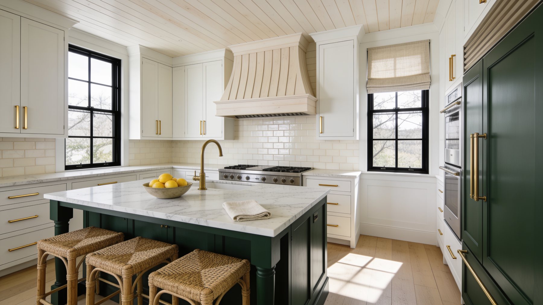 Completed transitional kitchen renovation with white oak cabinetry, marble island and brass fixtures