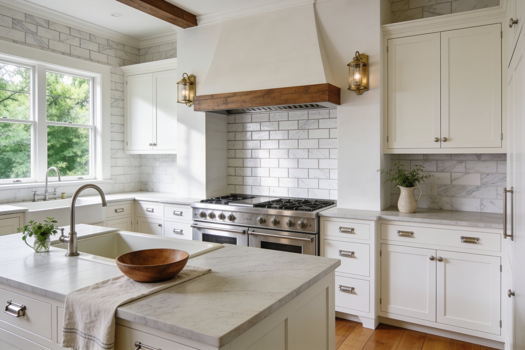 Completed bright kitchen renovation with inset painted cabinetry, soapstone island and marble subway tile