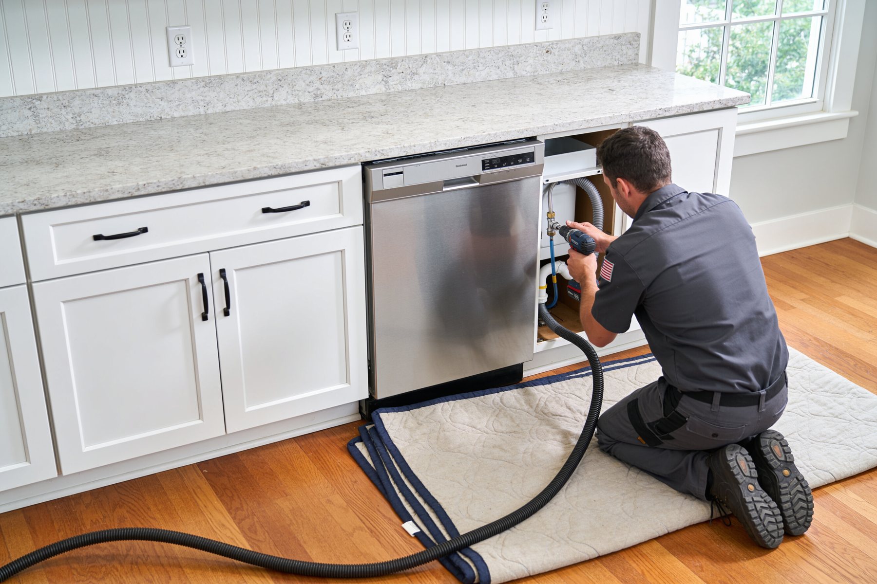 Technician installing a stainless dishwasher into a cabinet opening in a modern kitchen