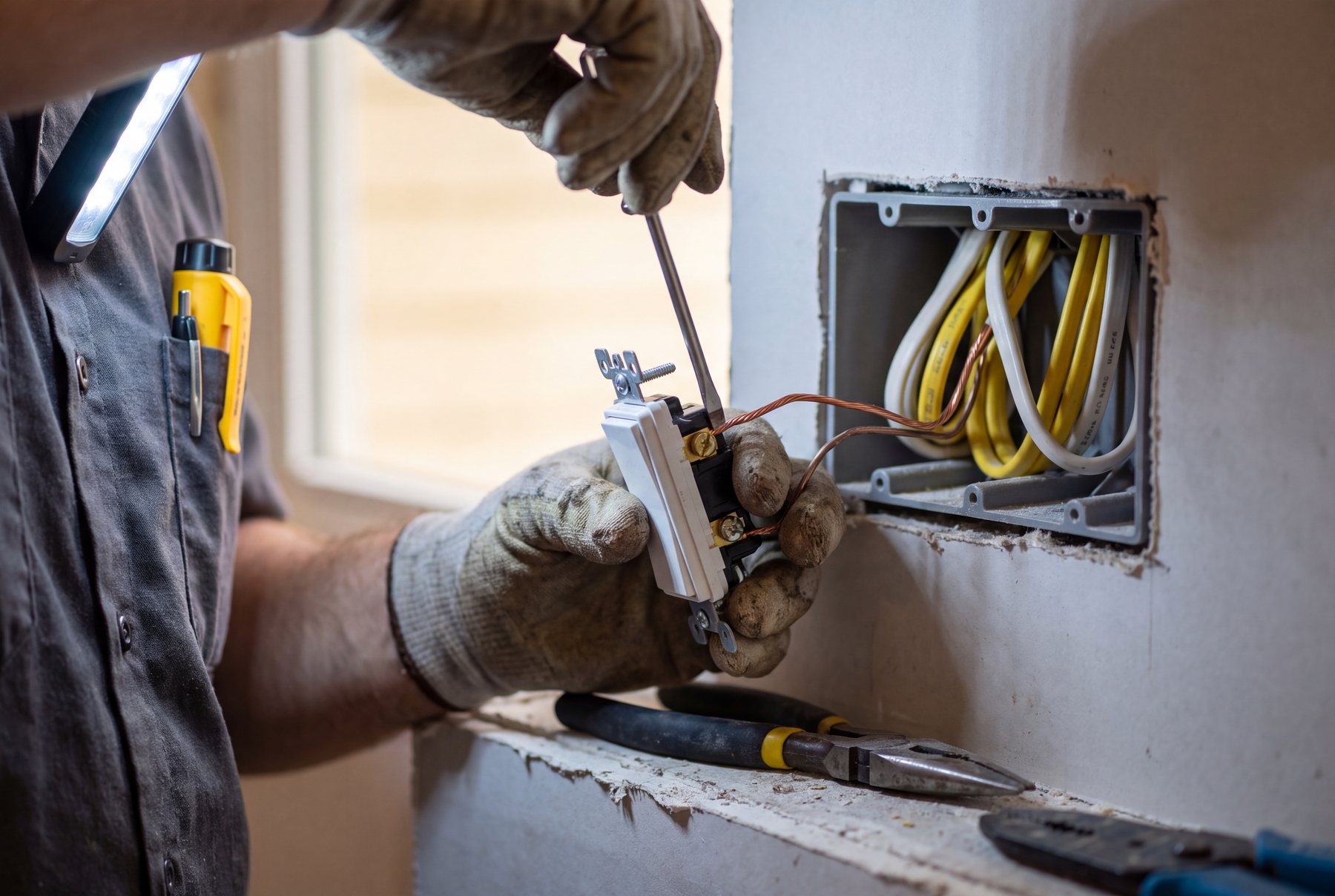 Close-up of gloved hands landing a copper conductor on a new wall switch terminal