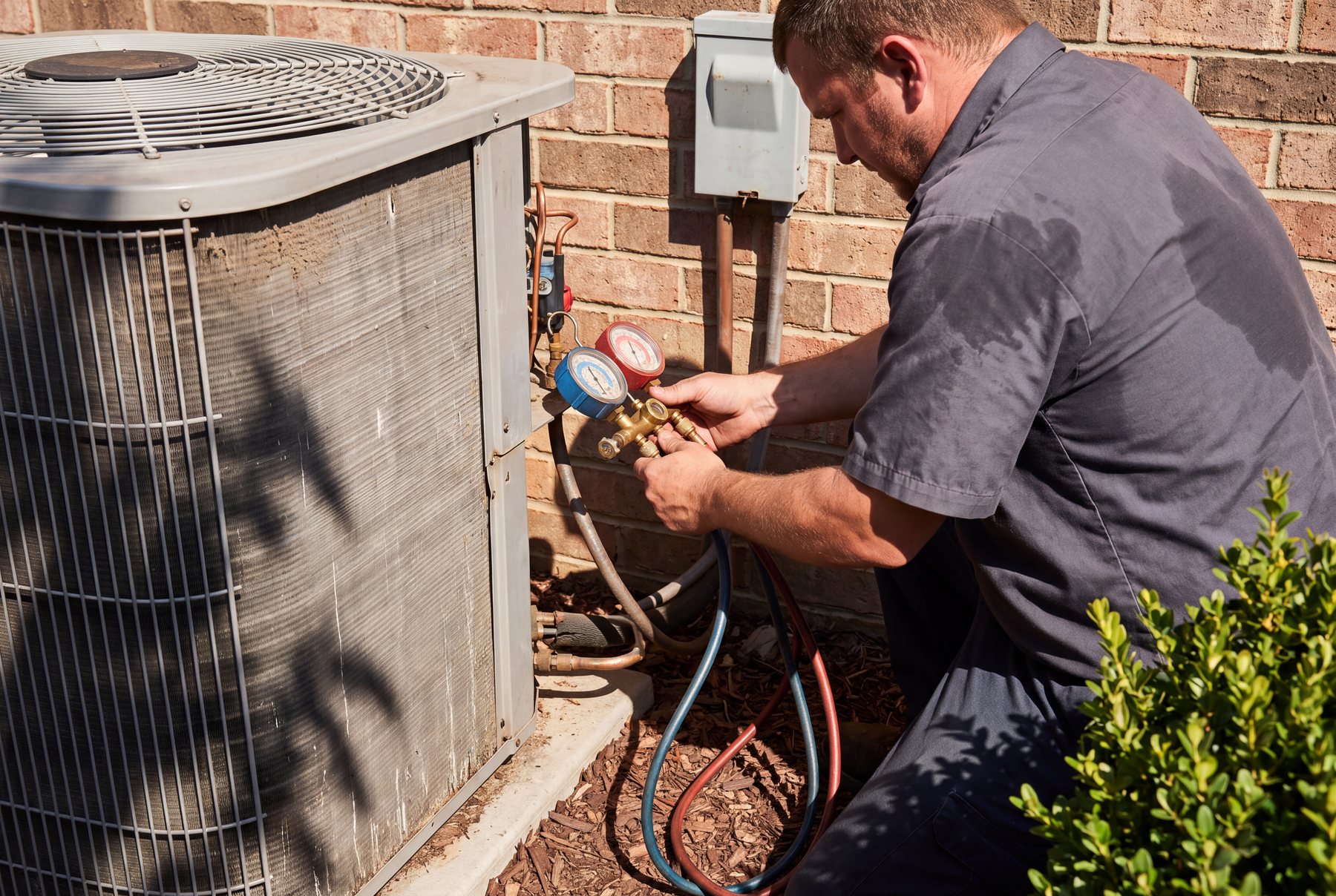 Technician connecting refrigerant manifold gauges to an outdoor air conditioning condenser at a Georgia home
